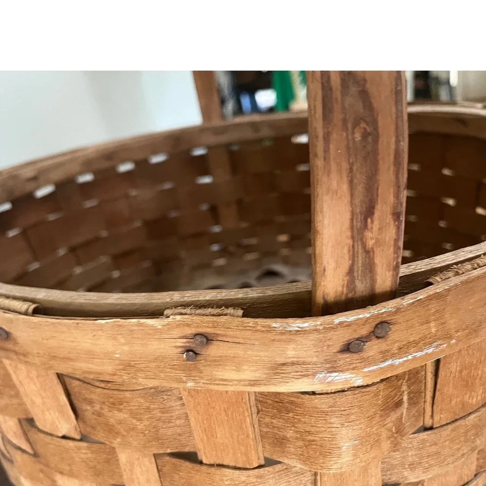 Large Vintage Splint Harvest Gathering Basket Carved Wooden Handle 18